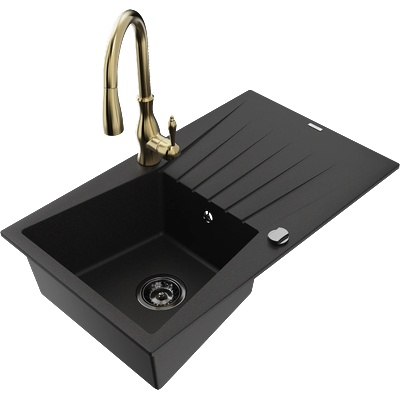 Mexen Cesar гранитна мивка с 1 отделение и отцедиелник и кухненски смесител Savita, черен - 6514-77-672601-50-B (6514-77-672601-50-B)