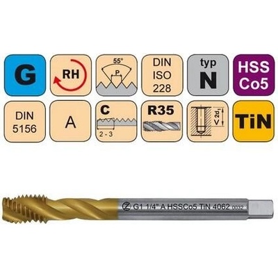 NÁSTROJE CZ Závitník strojní G1/8" A HSSCo5 TiN DIN 5156 RSP35 - 4062 - CZZ4062-G1/8"-A