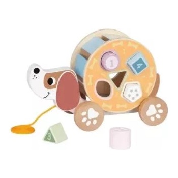 Tooky Toy Играчка Tooky: 2 в 1 дървено кученце за издърпване със сортер за форми