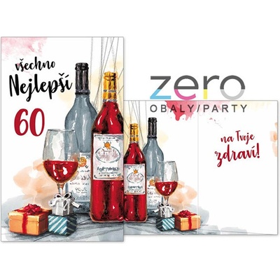 Přání s textem narozeninové 60 + obálka - vína