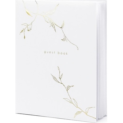 PartyDeco Svatební kniha hostů bílá se zlatým nápisem Guest Book a větvičkami