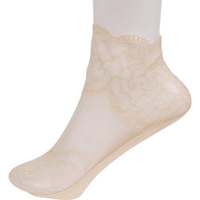 Къси чорапи в бежово от тюл с флорални мотиви