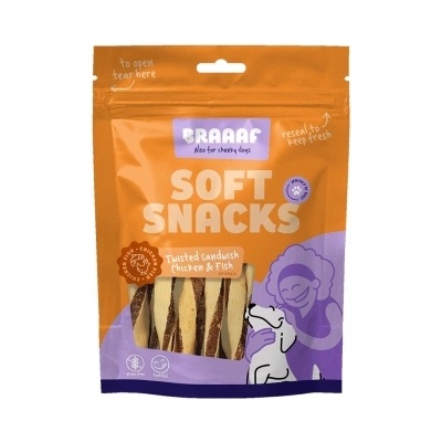Braaaf Braаaf - Меки лакомства за кучета, спирали с пилешко месо и риба 85 гр