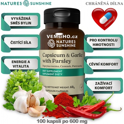 Nature’s Sunshine CAPSICUM & GARLIC WITH PARSLEY Kajenské korenie + Cesnak + Petržlen vňať 100 kapsúl po 600 mg