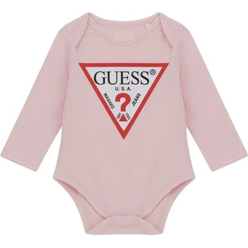 Guess Розово боди с дълъг ръкав за новородено момиче с червено лого Guess