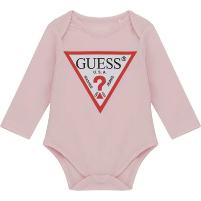 Guess Розово боди с дълъг ръкав за новородено момиче с червено лого Guess