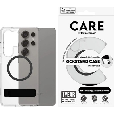 Panzer Samsung S25 Ultra PANZERGLASS CARE KICKSTAND CASE силиконов протектор за телефон, устойчив на удар, стойка, BLACK CRRFBKQG38488 (CRRFBKQG38488)