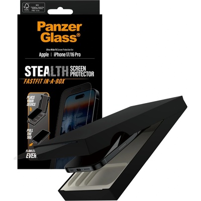 Panzer Стъклен протектор PanzerGlass за iPhone 17/iPhone 16 Pro, Stealth, UWF, инсталационен бокс, w. Black Frame