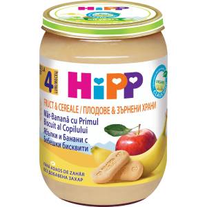 HiPP Био плодова каша с ябълки, банани и бебешки бисквити, 190 g (2980350)