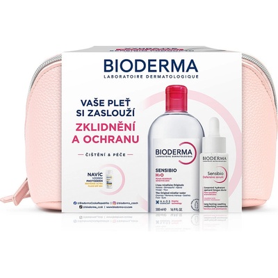 Bioderma Sensibio H2O micelární voda pro citlivou pleť 500 ml + Bioderma Sensibio Defensive sérum proti stárnutí pleti pro citlivou pleť 30 ml + kosmetická taštička