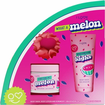 I Love What a Melon sprchový gel 100 ml + tělové mléko 150 ml + gumička do vlasů 1 ks kosmetická sada