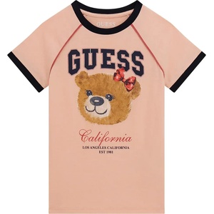 GUESS Тениска за момиче в розово с черни детайли и цветно мече отпред Guess