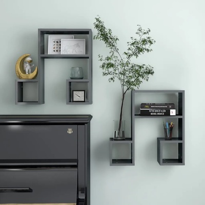 vidaXL Стенни рафтове, 2 бр, сив гланц, 50x15x50 см, инженерно дърво (807249)