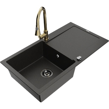 Mexen Leo кухненска мивка гранитна с 1 корито с отцедник и кухненски смесител Elia, черен/златист металик - 6501-75-670101-50-B (6501-75-670101-50-B)