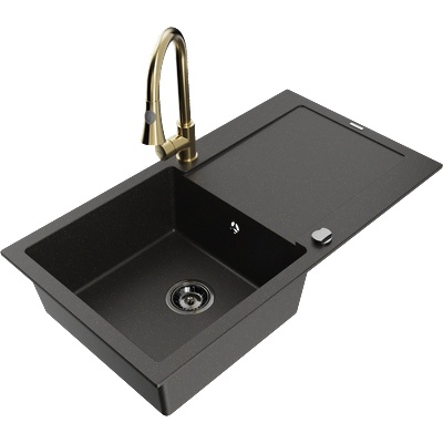 Mexen Leo кухненска мивка гранитна с 1 корито с отцедник и кухненски смесител Elia, черен/златист металик - 6501-75-670101-50-B (6501-75-670101-50-B)
