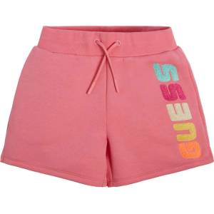 Guess Трикотажни къси панталонки за момиче с многоцветен надпис Guess в розово