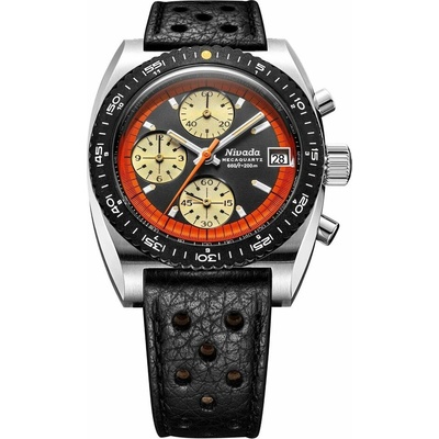 Nivada Grenchen Autochron Orange Meca - Black Racing Strap