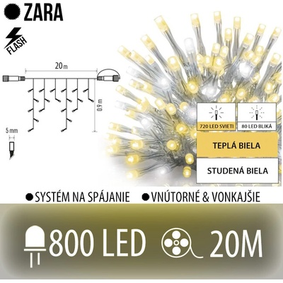 Zara led svetelná záclona vonkajšia flash - 800led - 20m teplá biela/flash prebliknutie studená biela - transparentný kábel