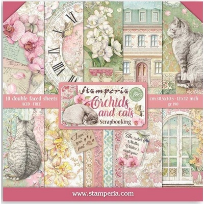 Sada oboustranných papírů KOČKA A ORCHIDEJ190 g/m2 30x30cm - 10ks