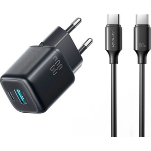 JOYROOM Захранване за ел. мрежа с USB-A и USB-C изходи и технология за бързо зареждане и USB-C към USB-C кабел - Joyroom JR-TG7 Fast Wall Charger 33W With USB-C Cable (черен) (JR-TG7 C-C 1m black)