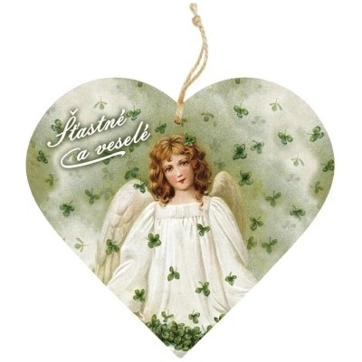 Bohemia Gifts Dřevěné dekorační srdce s potiskem Anděl se čtyřlístky 12 cm