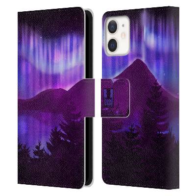 Pouzdro na mobil Apple Iphone 12 MINI - HEAD CASE - Hory a lesy fialový odstín (Otevírací obal, kryt na mobil Apple Iphone 12 MINI - noční hora a polární záře fialová)