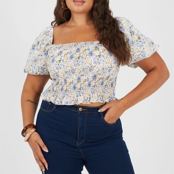 Brave Soul Plus Size Womens Puff Sleeve Top with Ruched and Tie Details. - Blue Floral