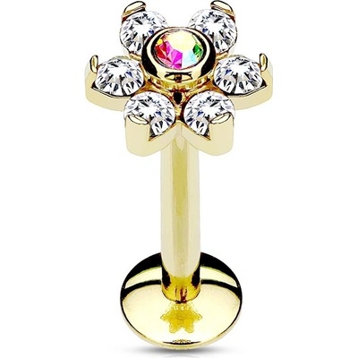 Šperky4U zlacený piercing do brady labreta kytička LB1077-1206