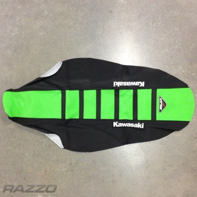 Potah sedla BudRacing Seat Cover FullTraction Kawasaki KX250F / KX450F GreenBlack+Stripes Kawa Logo