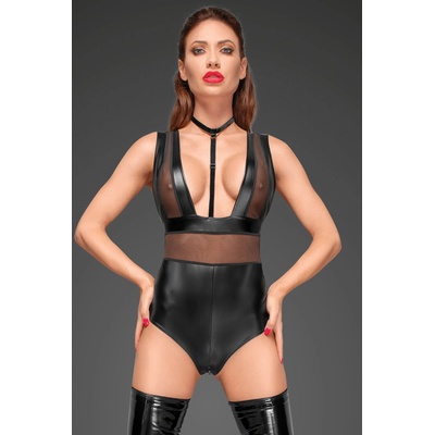 Noir Handmade F183 Powerwetlook Body with Wide Straps, Tulle Inserts and Velvet Choker M