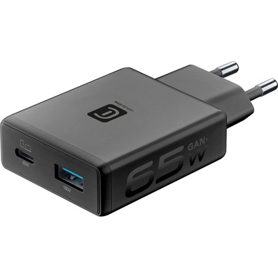 Cellularline Зарядно 220V Slim GaN+ USB-C 65W + USB-A 18W черно 15417