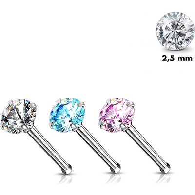 Šperky eshop rovný ocelový piercing do nosu stříbrná kulatý zirkon O08.15 Aqua modrá Q