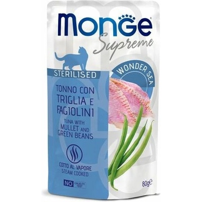 MONGE Supreme Sterilised kapsička tuniakové kúsky s parmicou a zelenou fazuľkou pre sterilizované mačky 80 g