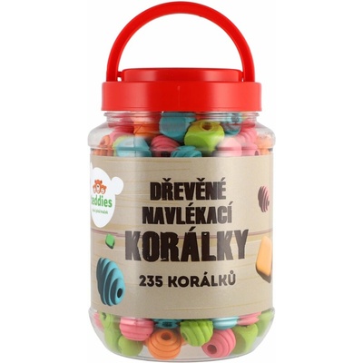 Teddies Korálky dřevěné barevné 235ks v plastové dóze 9x14cm
