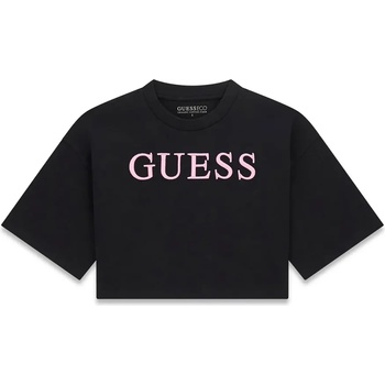 GUESS Къса черна тениска за момиче с бледо розов бродиран надпис Guess