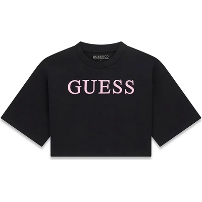 GUESS Къса черна тениска за момиче с бледо розов бродиран надпис Guess