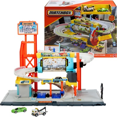 Mattel Matchbox sada Myčka Turbo Cyklon + 2 vozidla MBX Urban Tow Truck 2020 Corvette C8