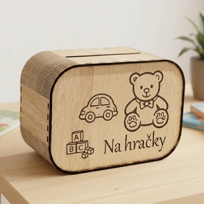 Karls DESIGN Drevená pokladnička pre deti - Na hračky - Otváranie zadnej strany , DUB Sonoma 3025