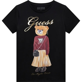 GUESS Памучна тениска в черно с цветно мече за момиче и златист надпис Guess