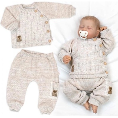 Baby Nellys Pletený svetřík a kalhoty s kapsou Hand Made 2D, Nature béžový melírek