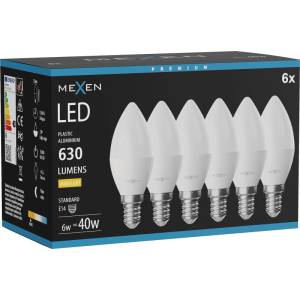 Mexen Nova 6x LED крушка E14, C37, 6W, Топло - 3000K, 630 lm - L102-E14-0630-01x06 (L102-E14-0630-01x06)