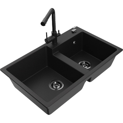 Mexen Tomas гранитна мивка с 2 отделения и кухненски смесител Duero, черен - 6516-77-671600-70-B (6516-77-671600-70-B)