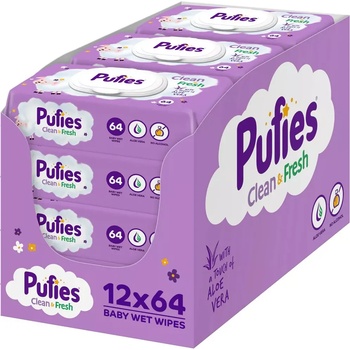 Pufies Мокри кърпички Pufies Clean & Fresh - С алое вера, 12 х 64 броя (23800024026625)