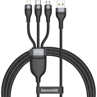 Baseus Кабел Baseus Flash Series 3-in-1 Fast Charging Data Cable (CA1T3-G1), от USB A(м) към Lightning(м), USB C(м), microUSB(м), 1.2m, 18W, черен (CA1T3-G1 / 50374)