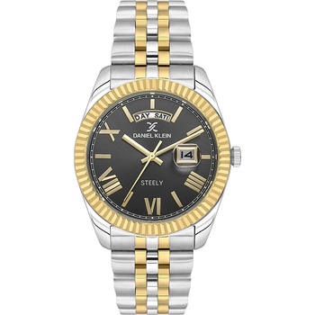 Daniel Klein DK. 1.14026-4 Steely Мъжки часовник- черен циферблат с дата и ден, сребристо-златиста стоманена верижка
