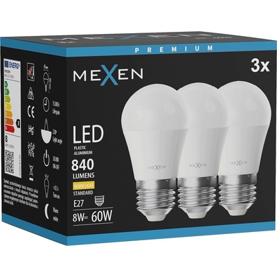 Mexen Nova 3x LED крушка E27, G45, 8W, Топла - 3000K, 840 lm - L101-E27-0830-01x03 (L101-E27-0830-01x03)
