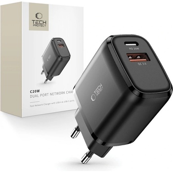 Tech-Protect Универсално мрежово зарядно с 2 порта за iOS и Android 20W / QC 3.0 от Tech Protect - Черно (9589046924286)