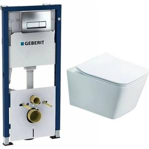Rune Комплект казанче за WC за вграждане с комплект за фиксиране Geberit Duofix Up100 и хромиран бутон Delta, плюс бяла тоалетна чиния Rune Jord с тънък капак softclose (458.128.21.2+5940541330394)