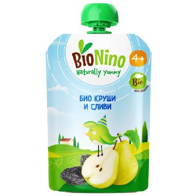 Био плодова закуска BioNino - Пауч с круши и сливи, 4 м+, 90 g (BN2515)