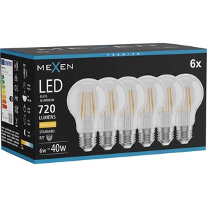Mexen Vintis 6x Крушка с нажежаема жичка LED E27, A60, 6W, Топла - 2700K, 720 lm, прозрачна (L150-E27-0627-00x06)